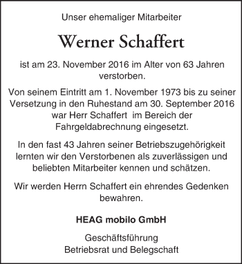 Traueranzeige von Werner Schaffen von Trauerportal Echo Online