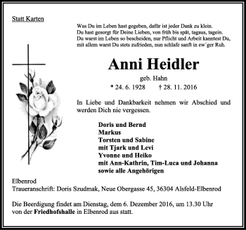 Traueranzeige von Anni Heidler von VRM Trauer