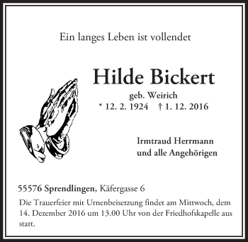 Traueranzeige von Hilde Bickert von Trauerportal Rhein Main Presse