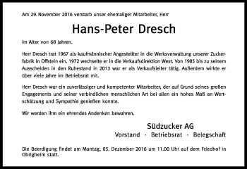 Traueranzeige von Hans-Peter Dresch von Trauerportal Rhein Main Presse