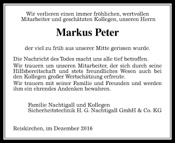 Traueranzeige von Markus Peter von  Gießener Anzeiger