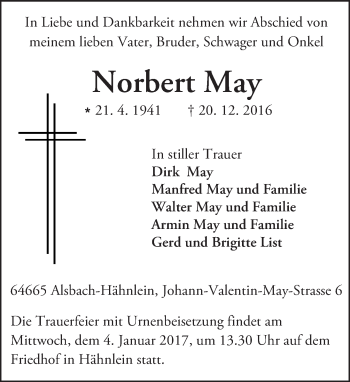 Traueranzeige von Norbert May von Trauerportal Echo Online