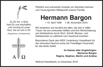 Traueranzeige von Hermann Bargon von  Camberger Anzeiger