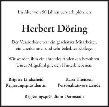 Traueranzeige von Herbert Döring von Trauerportal Echo Online