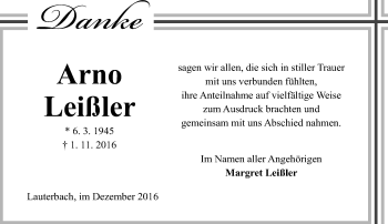 Traueranzeige von Arno Leißler von VRM Trauer