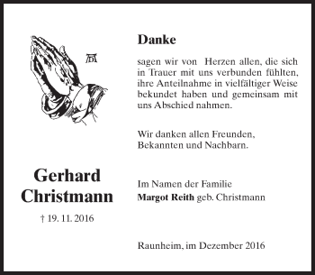 Traueranzeige von Gerhard Christmann von Trauerportal Rhein Main Presse