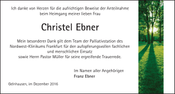 Traueranzeige von Christel Ebner von  Gelnhäuser Tageblatt