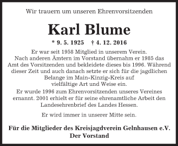 Traueranzeige von Karl Blume von  Gelnhäuser Tageblatt