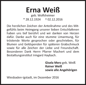 Traueranzeige von Erna Weiß von Trauerportal Rhein Main Presse