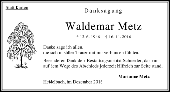 Traueranzeige von Waldemar Metz von VRM Trauer