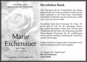 Traueranzeige von Marie Eichenauer von VRM Trauer