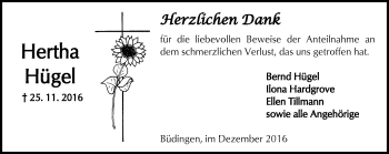 Traueranzeige von Hertha Hügel von  Kreisanzeiger