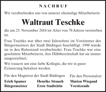 Traueranzeige von Waltraud Dora Elsa Teschke von  Kreisanzeiger