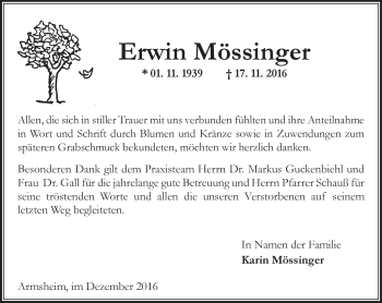 Traueranzeige von Erwin Mössinger von Trauerportal Rhein Main Presse