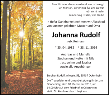 Traueranzeige von Johanna Rudolf von Trauerportal Rhein Main Presse