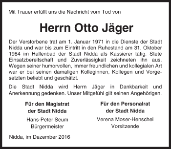 Traueranzeige von Otto Jäger von  Kreisanzeiger