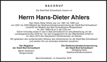 Traueranzeige von Hans-Dieter Ahlers von Trauerportal Rhein Main Presse