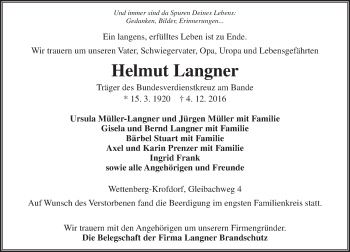 Traueranzeige von Helmut Langner von  Gießener Anzeiger