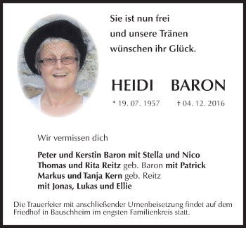 Traueranzeige von Heidi Baron von Trauerportal Rhein Main Presse