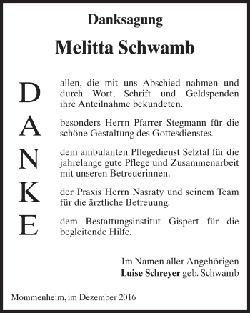 Traueranzeige von Melitta Schwamb von Trauerportal Rhein Main Presse