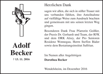 Traueranzeige von Adolf Becker von Trauerportal Rhein Main Presse