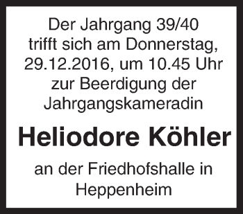 Traueranzeige von Heliodore Köhler von Trauerportal Echo Online