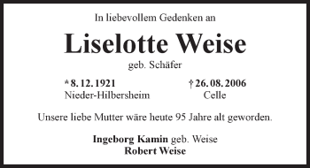 Traueranzeige von Liselotte Weise von Trauerportal Rhein Main Presse