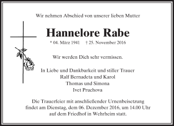 Traueranzeige von Hannelore Rabe von  Usinger Anzeiger