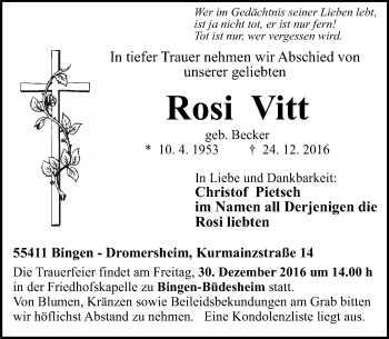 Traueranzeige von Rosi Vitt von Trauerportal Rhein Main Presse