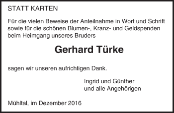 Traueranzeige von Gerhard Türke von Trauerportal Echo Online