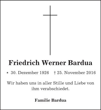 Traueranzeige von Friedrich Werner Bardua von Trauerportal Echo Online