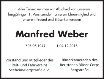 Traueranzeige von Manfred Weber von Trauerportal Echo Online