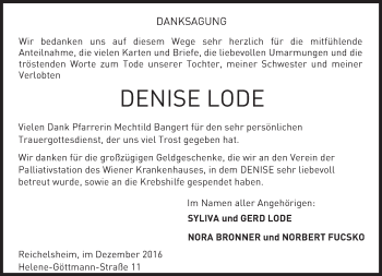 Traueranzeige von Denise Lode von Trauerportal Echo Online
