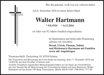 Traueranzeige von Walter Hartmann von Trauerportal Rhein Main Presse