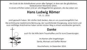Traueranzeige von Hans Ludwig Römer von  Gießener Anzeiger