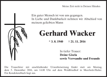 Traueranzeige von Gerhard Wacker von  Gelnhäuser Tageblatt