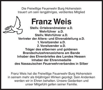 Traueranzeige von Franz Weis von Trauerportal Rhein Main Presse