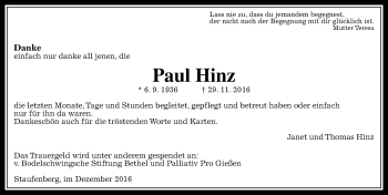 Traueranzeige von Paul Hinz von  Gießener Anzeiger