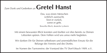 Traueranzeige von Gretel Hanst von Trauerportal Echo Online