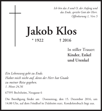 Traueranzeige von Jakob Klos von Trauerportal Rhein Main Presse