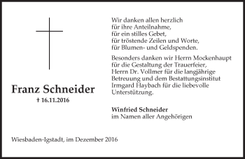 Traueranzeige von Franz Schneider von Trauerportal Rhein Main Presse