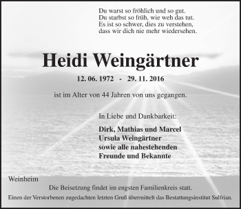 Traueranzeige von Heidi Weingärtner von  Allgemeine Zeitung Alzey