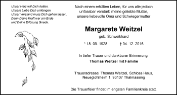 Traueranzeige von Margarete Weitzel von Trauerportal Rhein Main Presse