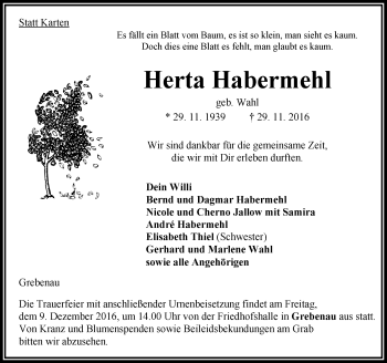 Traueranzeige von Herta Habermehl von VRM Trauer