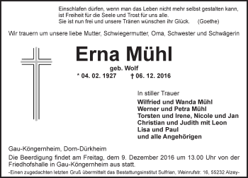 Traueranzeige von Erna Mühl von Trauerportal Rhein Main Presse