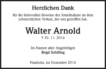 Traueranzeige von Walter Arnold von Trauerportal Echo Online