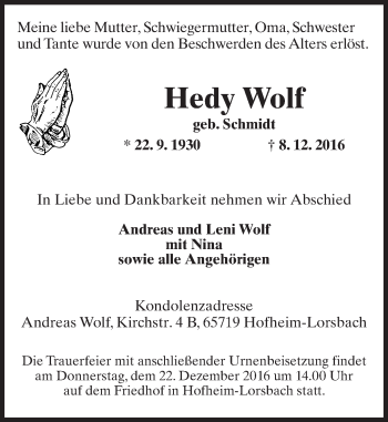 Traueranzeige von Hedy Wolf von Trauerportal Rhein Main Presse