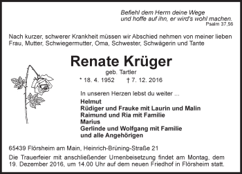 Traueranzeige von Renate Krüger von Trauerportal Rhein Main Presse