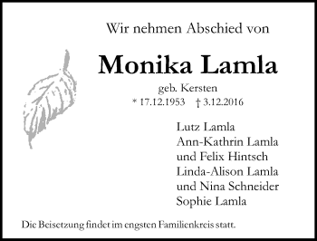 Traueranzeige von Monika Lamla von Trauerportal Rhein Main Presse