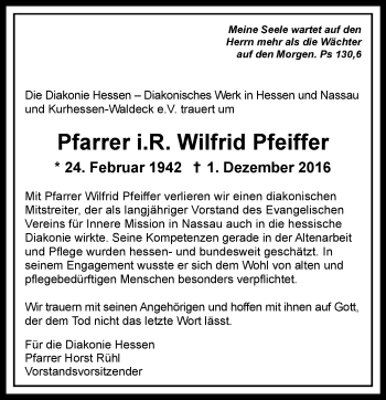 Traueranzeige von Wilfrid Pfeiffer von Trauerportal Rhein Main Presse